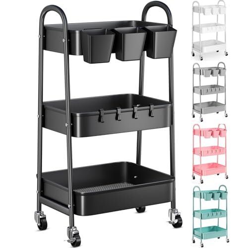 Image of 3 Tier Metal Rolling Cart with Lockable Wheels, Black Three Tiered Utility Storage Organizer Carts on Wheels for Bathroom, Kitchen, Laundry, Garage, Office, Craft, Art, Baby, Diaper Caddy, Snack, Book