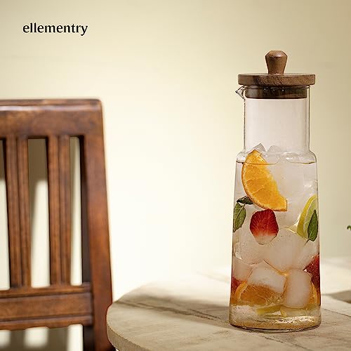 Image of Ellementry Glass Carafe with Wooden Lid - 1L, Clear Glass Pitcher for Hot & Cold Water, Juice, Coffee, Iced Tea, Milk, Cocktail & Wine, Transparent Beverage Server for Dining Table, Kitchen & Parties