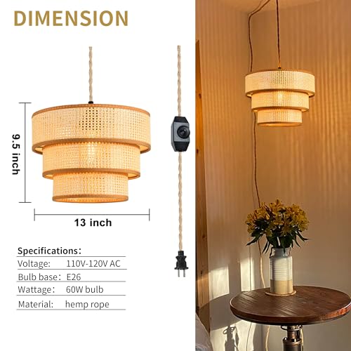 XININSUN Plug in Pendant Light Hanging Lights with15FT Plug in Cord Dimmable Rattan Hanging Lamp Wicker Woven Drum Lampshade,Rustic Boho Plug in Ceiling Light Fixture for Bedroom Living Room-1pack - Image 3