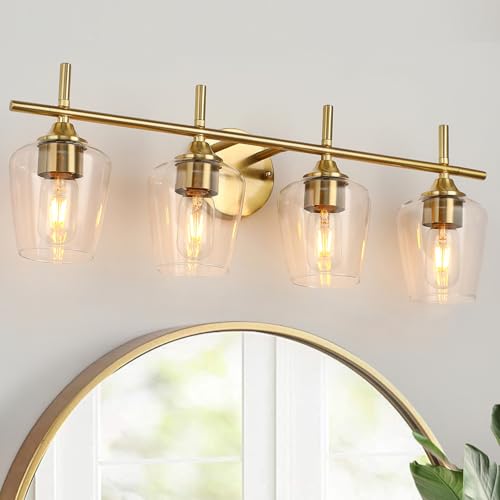 Image of foucasal Bathroom Light Fixtures 4-Light Gold Bathroom Vanity Light with Clear Glass Shade, Modern Wall Lights for Bedroom Hallway Living Room (Gold, 4-Light)