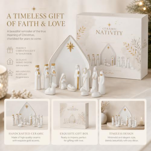 Image of NEROSUN Nativity Scene Set, 13Pcs White Ceramic Christmas Nativity Scene Tabletop Decorations, Miniature Holy Family Figurines for Holiday Table Mantel Decor Christmas Spiritual Gift