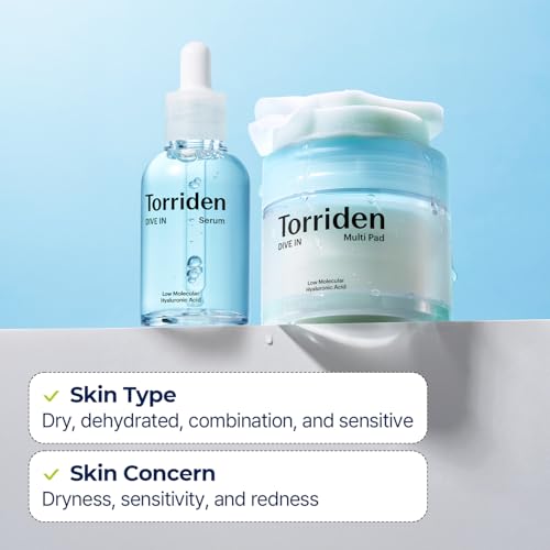 Torriden DIVE IN Serum 1.69 fl.oz. + DIVE IN Toner Pad (80 pads) | Instant Soothing and Hydrating | Korean Skin Care