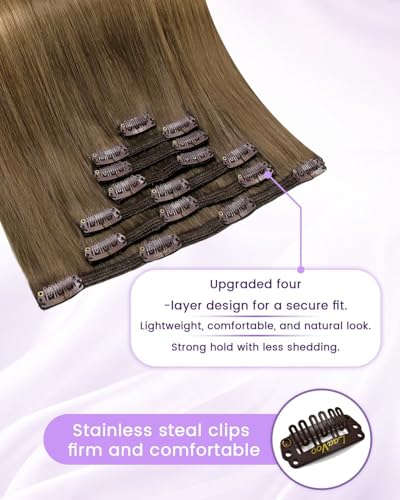 Image of LaaVoo Human Hair Clip in Extensions 24 Inch 150g Human Hair Extensions Clip Ins Light Brown Balayage Golden Blonde Real Human Hair Extensions Clip ins Full Head 7pcs