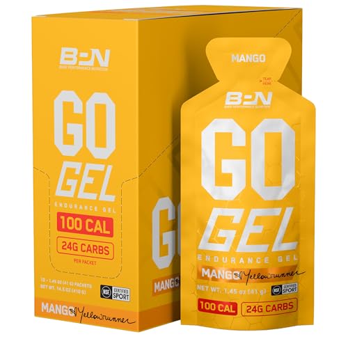 BARE PERFORMANCE NUTRITION BPN Go Gel Endurance 24g of Carbohydrates & 100 Calories per Pack Vegan + Gluten Free Running Gel 10 Single-Serving Packs Mango