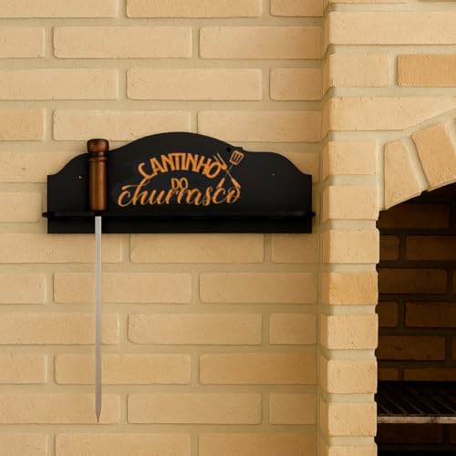 Porta Espetos de Churrasco em MDF para Parede, Suporte Organizador para Área Gourmet, Preto com Detalhes, 40x14 cm