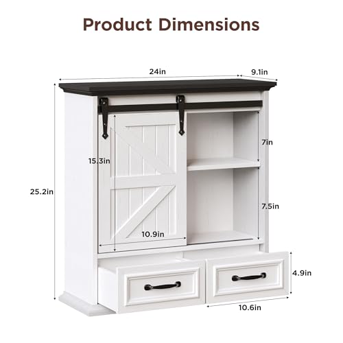 Image of FiveWillowise Bathroom Wall Storage Cabinet with 2 Drawers, White Floating Wall Mounted Medicine Cabinet with Sliding Door & Adjustable Shelves, Over The Toilet for Bathroom, Laundry Room, Kitchen