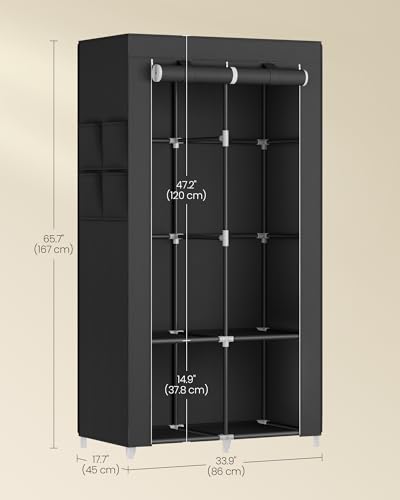SONGMICS Clothes Wardrobe, Portable Closet, Garment Organiser Rack with 2 Hanging Rails, Shelves, 4 Side Pockets, 45 x 86 x 167 cm, Large Capacity, Ink Black RYG091B01