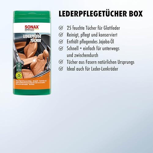 SONAX LederPflegeTücher Box (25 Stück) reinigen schnell, einfach und gründlich alle Oberflächen aus Glattleder | Art-Nr. 04123000