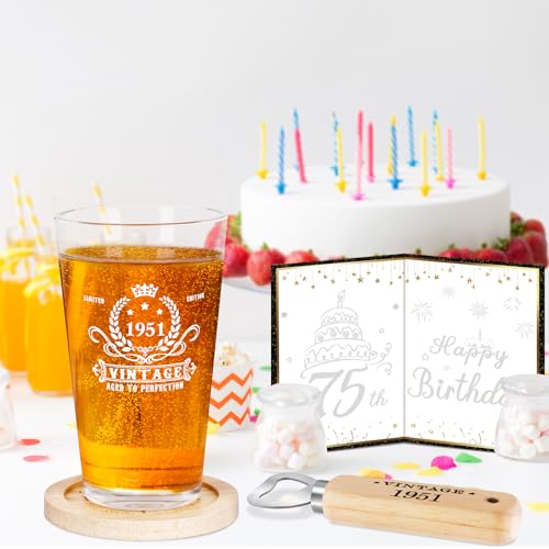 75th Birthday Gifts for Men, Vintage 1951 Beer Glass, Wooden Bottle Opener, Vintage Beer Box, Wooden Coaster, 1951 Greeting Card and Poster Anniversary Card 75th Birthday Gift Ideas for Him,Men by YeohJoy - Image 3
