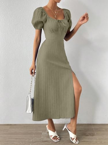 Image of Shasmi Women's & Girl's Tie Front Split Thigh Milkmaid Maxi Dress - Square Neck Puff Sleeve A-Line Long Dress, Elegant Casual & Parties Wear for Ledies (Dress 245)