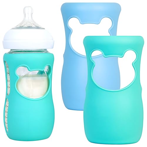 Image of Silicone Baby Bottle Sleeves for Philips Avent Natural Bottles, Anti Breakage Bottle Holder for Avent Glass Baby Bottles, 8oz, Pack of 2 (Blue and Turquoise)