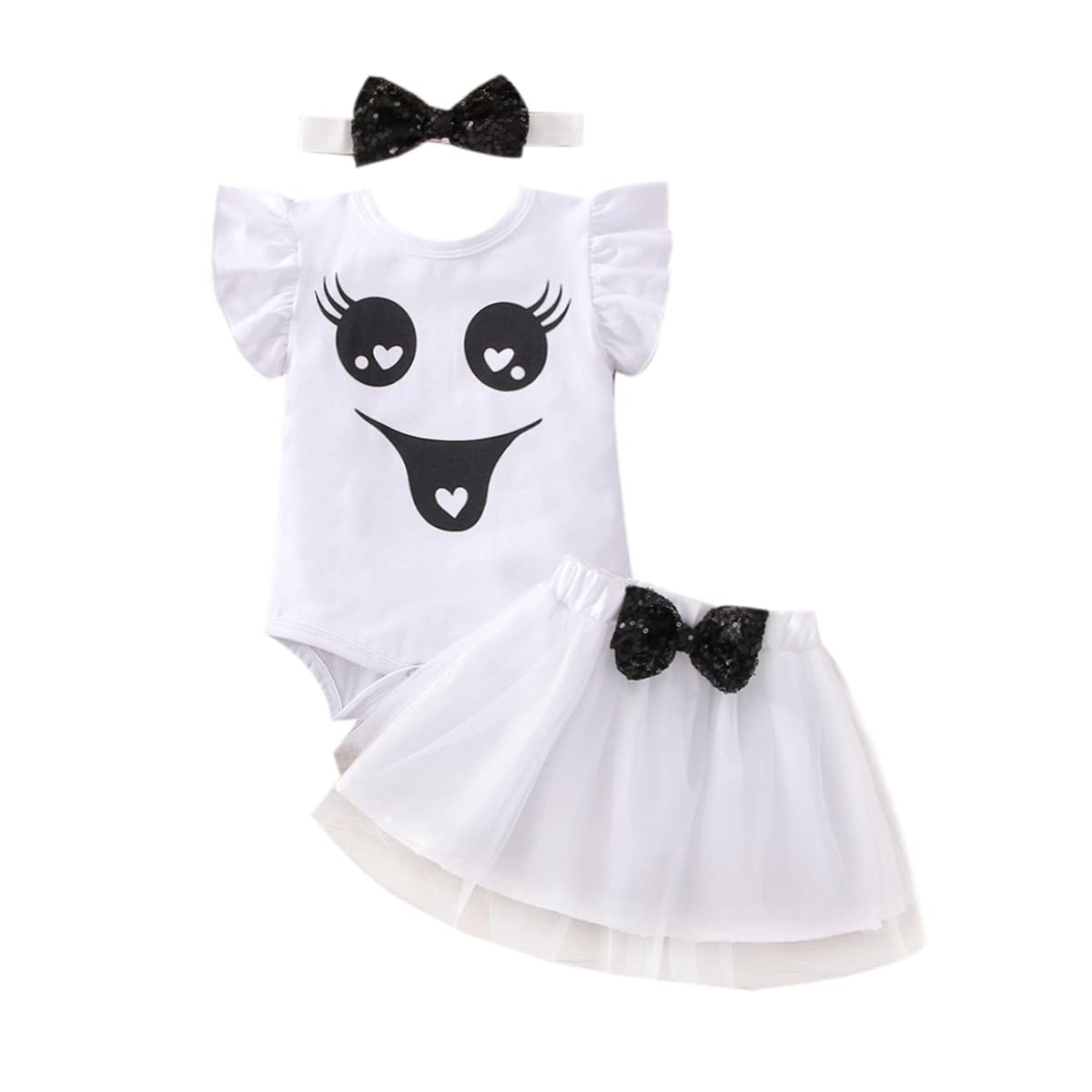 Baby Girls 1st Halloween Christmas Pumpkin Ghost Costume Long Sleeve Romper & Tutu Skrit & Headband Outfit for Photo Shoot
