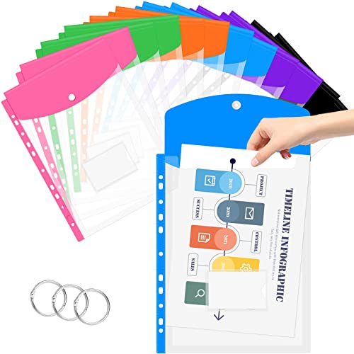 12 Pack Expandable Folders Plastic Binder Pocket With 11 Holes For 2/3/4 Ring Binder, A4/Letter Document Pouch With Snap Button & Label, Index Dividers Pocket Clear Poly Envelopes (Vertical-Opening) #TOP4