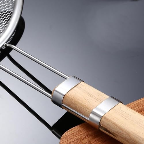 Image of 16cm Stainless Steel Deep Fry Net Skimmer Oil Strainer for Kitchen Frying Spoon for Puri & Poori Strainer Kitchen Utensil for Frying, Cooking & Straining Food Strianer Wood Handle (Pack of 1)