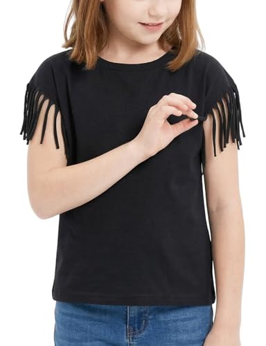 Image of Noomelfish Girls Fringe Sleeve T-Shirts Tassel Casual Summer Tee Tops (5-12 Years)
