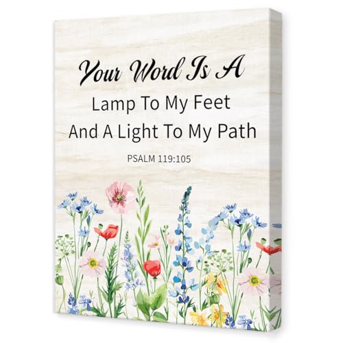 Psalm 119:105 Christian Floral Wall Art,Scripture Religious Canvas Wall Decor for Christian Home Office Church 11x15 Inch