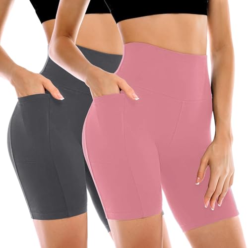 Image of Leafigure 2 Pack Womens Biker Shorts with Pockets 6 inch | High Waisted, Tummy Control, Running, Gym, Workout, Yoga Shorts
