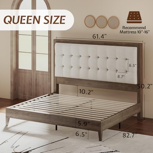Image of Jocisland Queen Bed Frame Solid Wood,50 inch Upholstered Headboard,Ash Gray