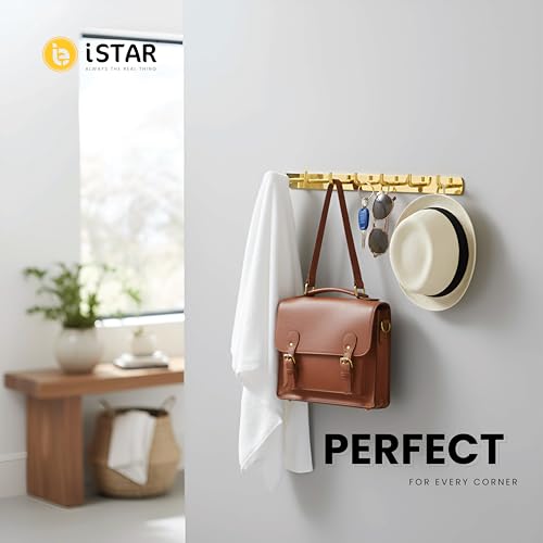 Image of iSTAR Stainless Steel 8 Pin Bathroom Cloth Hooks Hanger Door Bathroom Robe Hooks Rail for Hanging Keys,Clothes,Towel Steel Hook (Gold) (Pack of 1)