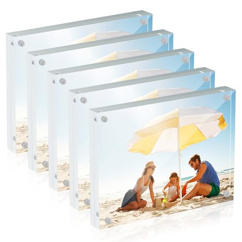 display4top Acrylic Photo Frame, Double Sided Magnetic Picture Frame, Free Standing Desktop Clear Transparent Frameless Home Decor for Photograph Display, 20mm Thick (Transparent 5 Pack, 5X7)
