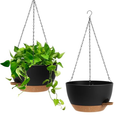 Homeuouz 25cm Selbstbewässernde Hängende Blumenampel 2er-Set – Blumentopf Hängend Innen & Außen, Hängeblumentöpfe mit Drainage für Balkon, Wohnzimmer, Küche,Schwarz mit Braun