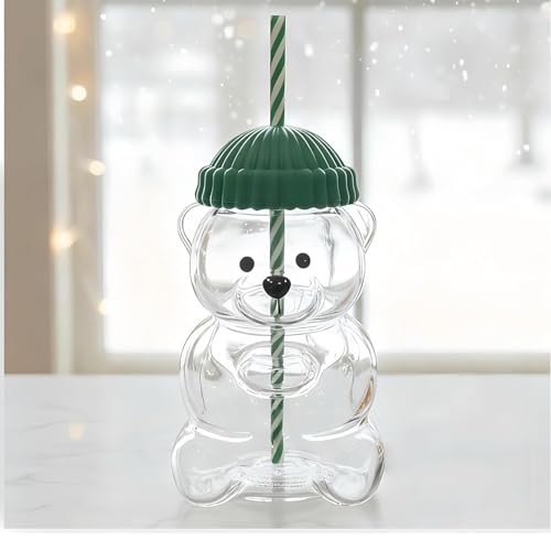 Image of Glass Bear Cup with Reusable Straw & Lid, 20 oz Cute Bear Shape Glass Tumbler for Hot & Cold Drinks, Clear Drinking Mug for Water, Juice, Smoothies, Iced Coffee, Home, Office & Gifting