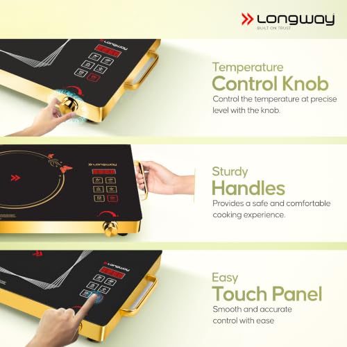 Image of Longway Infralite Pro 2200W Infrared Induction Cooktop with Steel Grill Rack, Crystal Glass Top, Touch Panel & Digital Display, 4 Preset Modes - Stir Fry, BBQ, Hot Pot & Steam, Golden