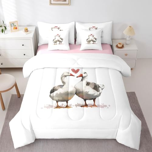 Image of Erosebridal Geese Valentine 7 Pcs Bedding Set King Size Cartoon Ducks Comforter Set for Girls Kids Goose Duck Couple Decor Quilt Set Kawaii Farm Animals Bed in A Bag with Flat and Fitted Sheet