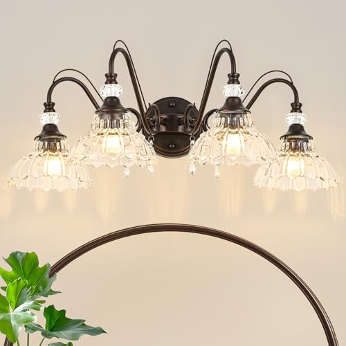 Image of Vintage Bathroom Vanity Light, 4-Light Oil Rubbed Bronze Finish Wall Sconce with Hanging Crystal Accents and Flower-Shaped Clear Glass Shades, Retro Wall Mount Vanity Light Over Mirror for Bathroom