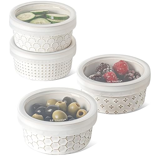 LE TAUCI Ramekins with Lids, 6 oz Ramikin Set for Creme brulee, Souffle, Dipping Sauces, Ceramic Food Storage Containers Great for leftovers – 4.2 inch, Set of 4, Arctic White