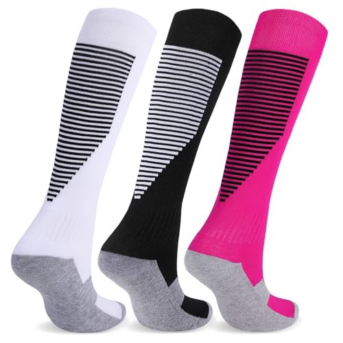 KIDSBETT Soccer Socks Youth,Baseball Softball Football Knee High Socks Cushion Athletic Sock for Kids Boys Girls 3 Pairs Black/White/Pink