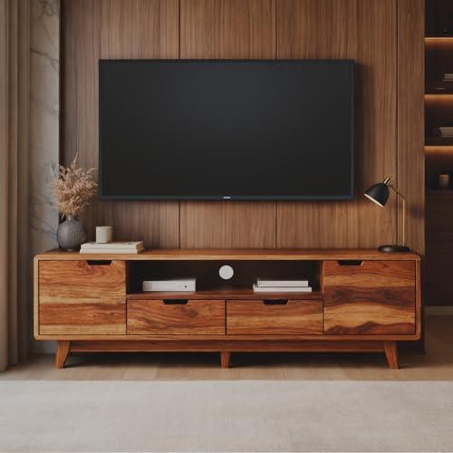 Image of DRIFTINGWOOD Regal Solid Sheesham Wood Modern TV Console for Upto 65 Inch TV, Entertainment Center with 5 Storage Compartments, Neutral Finish