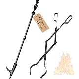 AMAGABELI GARDEN & HOME 32" Long Fire Pit Poker Stick and 26" Fireplace Tongs Tool Sets Fireplace Log Grabber for Firewood Campfire Bonfire Heavy Duty Wrought Iron Rustproof Indoor Outdoor Wood Stove