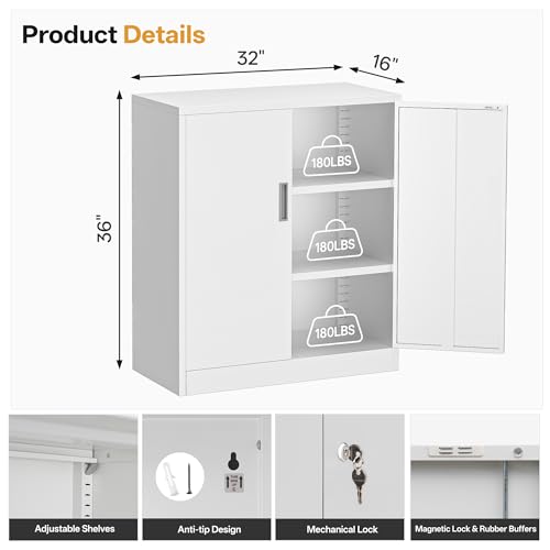 Metal Garage Storage Cabinets,36" Steel File Cabinet with 2 Adjustable Shelves, Lockable Storage Cabinets for Office, Home, Garage, Warehouse 36.2" H x 31.5" W x 15.7" D (White)