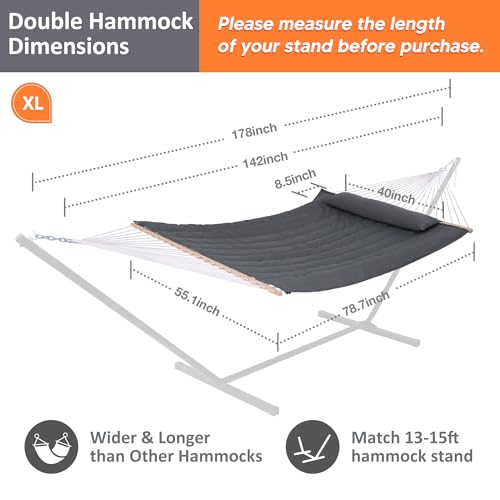 Image of SUNCREAT Hammocks 2 Person Hammock with Hardwood Spreader Bar, Double Rope Hammock with Polyester Pad, Dark Gray