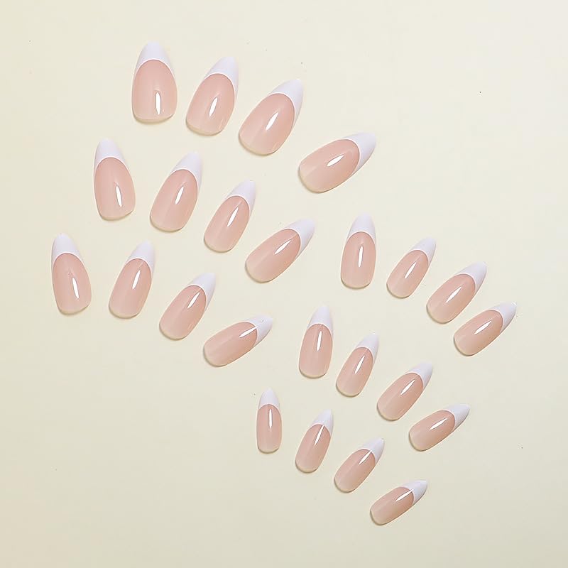 Miniatura 3 de Uñas postizas a presión con punta francesa, uñas postizas de almendra rosa con diseños franceses, uñas adhesivas de longitud media, uñas acrílicas