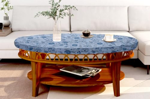 Image of The Furnishing Tree Elastic Cotton Oval Center Table Cover 18x60 in Inches Floral Navy Blue