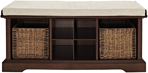 Crosley Furniture Brennan Entryway Storage Bench with Wicker Baskets and Cushion, Vintage Mahogany - Thumbnail 2