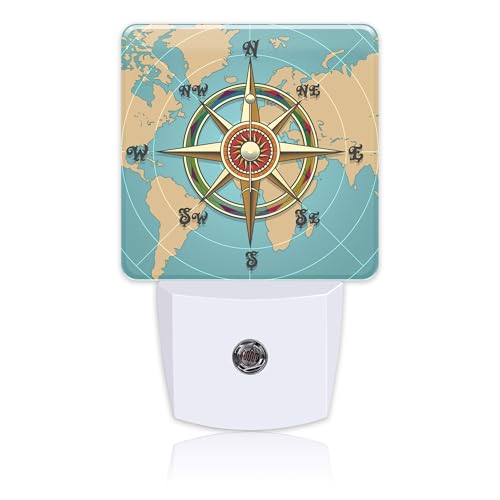 Image of Plug in Night Lights Classic Vintage Nautical Wind Compass Night Light with Dusk to Dawn Sensor Night Light for Kid Girls Boys Women Room Decor, Hallway, Kitchen, Bathroom, Nursery, Stairs