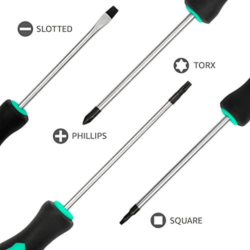 Image of Amazon Basics Magnetic Screwdrivers Set, 12-Piece, Phillips, Slotted, Torx, Square, and Stubby with Non-Slip Handle, Hand Tools Set, Turquoise