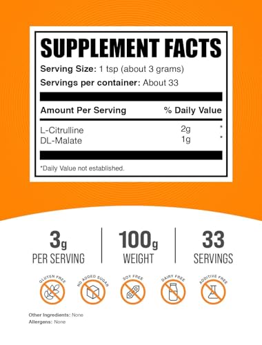 Image of BulkSupplements.com L-Citrulline Malate 2:1 Powder - Nitric Oxide Boost, Citrulline Malate Supplement - Unflavored & Gluten Free - 3g per Servings, 100g (3.5 oz) (Pack of 1)