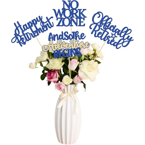 Gyufise 12Pcs Happy Retirement Centerpiece Sticks Officially Retired Table Flower Centerpieces Sticks No Work Zone Floral Decorations for Farewell Birthday Party Centerpieces Supplies Blue