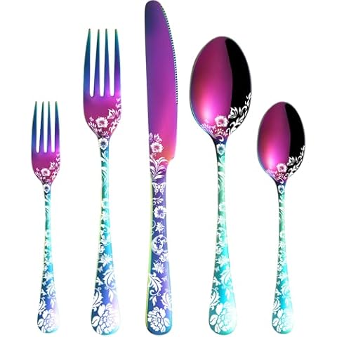 Vilihkc 20 piece Peony Flower Pattern Design Silverware Set, Stainless Steel Flatware Set Service for 4,Colorful Cutlery Set, Mirror Polished Utensil Set for Kitchen, Dishwasher Safe Cover