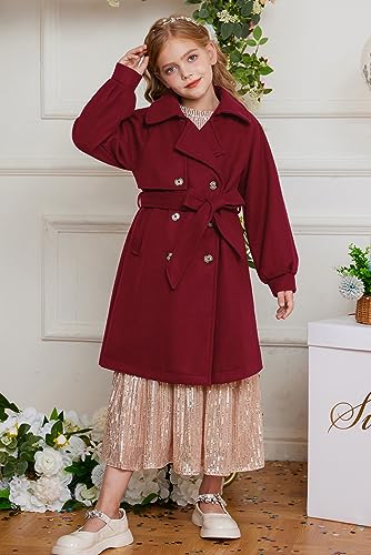 Image of GRACE KARIN Girls Dress Coat Lapel Wool Blend Long Winter Jackets with Pockets Belt 6-16Y