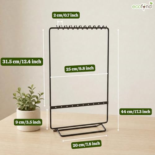 Image of ecofynd 2-Tier Metal Jewelry Organizer Stand with 11 Nail Hooks & 10 Earring Holes, Necklace Holder, Bracelet & Ring Storage Rack, Space-Saving Display for Vanity, Dressing Table & Home (Black,JS008)