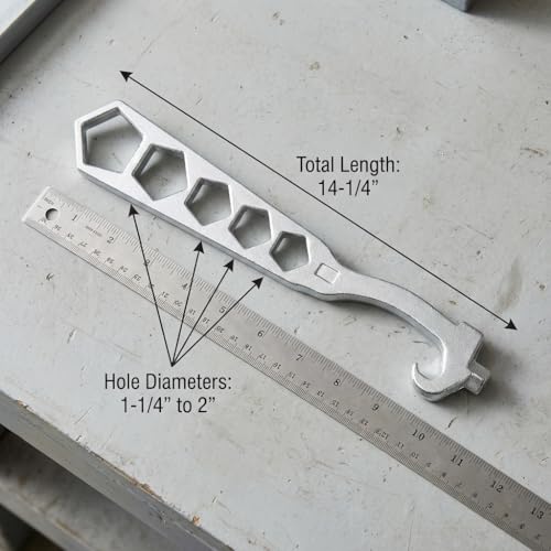 Image of QWORK 5-Hole Fire Hydrant Wrench 14-1 /4 inch, Galvanized Iron Construction - Fits Standard Pentagon Nuts for Outdoor Firefighting, Utility Work & Maintenance