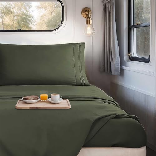 Image of Nestl Olive Green Short Queen Sheets for RV, Hotel Luxury RV Queen Sheets Set, 4 Piece Fitted Bed Sheet Set and Pillowcases, Super Soft, Wrinkle-Free, and Breathable Camper Bedding