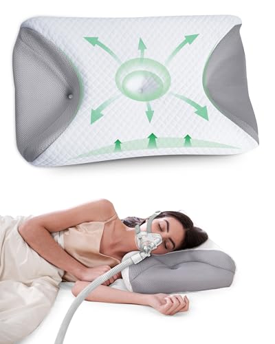 FEYIDEO Cervical Neck CPAP Pillow for Side Sleepers Ergonomic Memory Foam Bed Pillow for Neck Pain Relief with Mask Cutouts to Reduce Air Leaks & Facial Pressure Fits All CPAP Mask Types