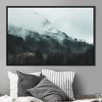 Framed Canvas Wall Art Foggy Mountains Aerial Cool Multicolor Nature Photography Realism Relax/Calm Rustic Wilderness - 16x24 inches