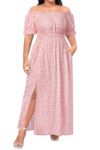 Image of Holipick Women's Off The Shoulder Boho Dress Plus Size Floral Smocked Waist Split Summer Maxi Sundress with Pockets